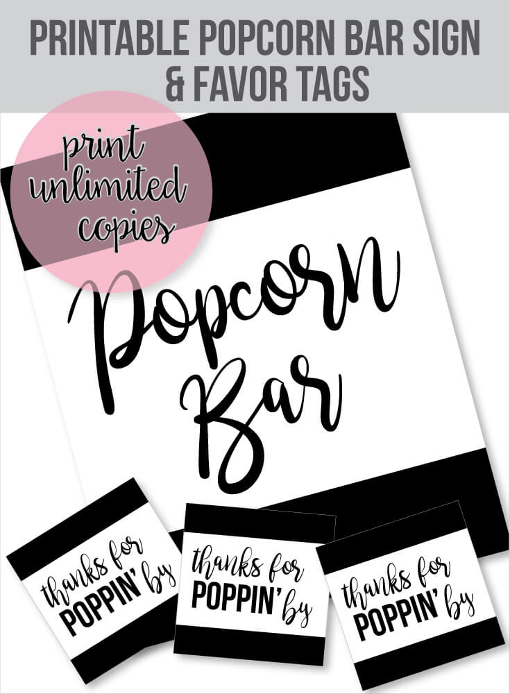 free printable popcorn tags and sign for a popcorn bar